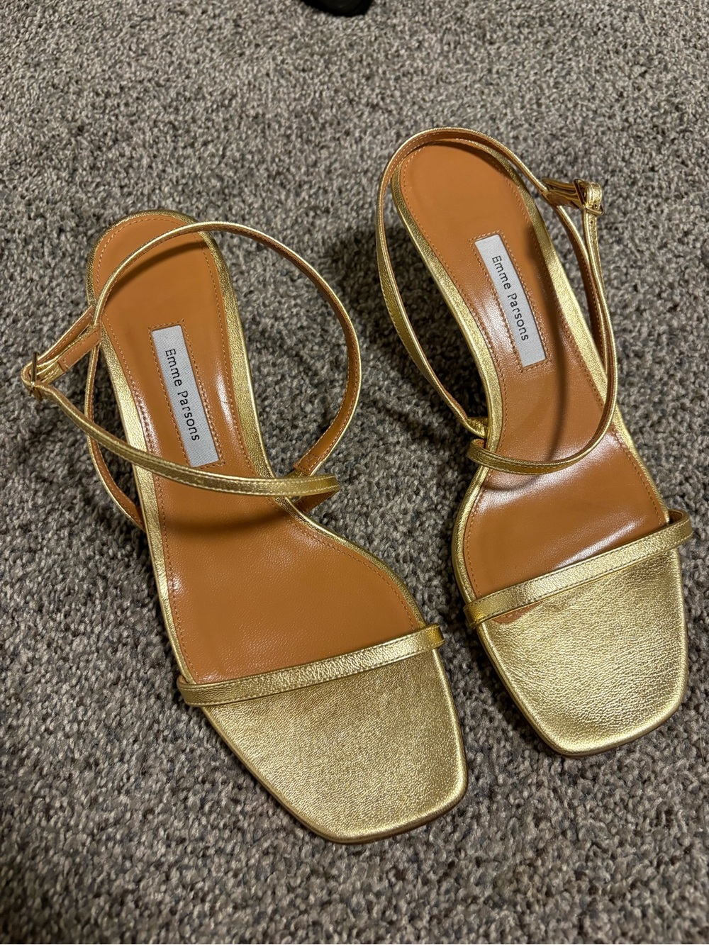 Emme Parsons Metallic Gold Strappy Square-Toe Heels